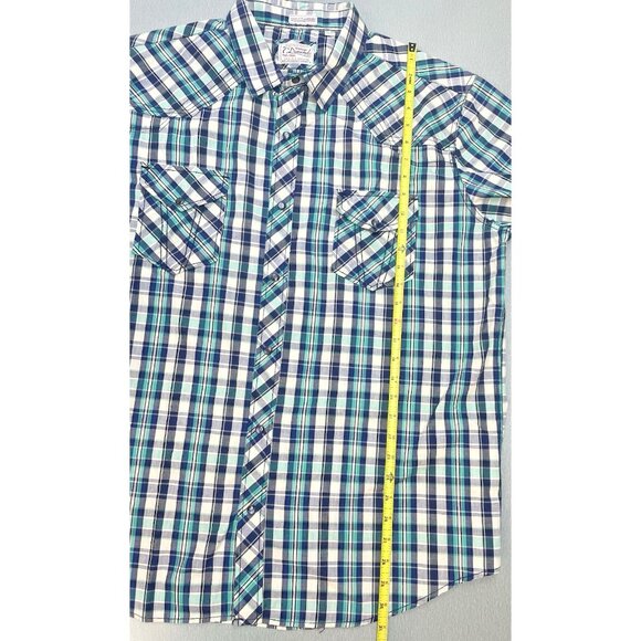 7 Diamonds Shirt Mens XXL Pearl Snap Short Sleeve Plaid Western Retro Green/Blue - Picture 6 of 15